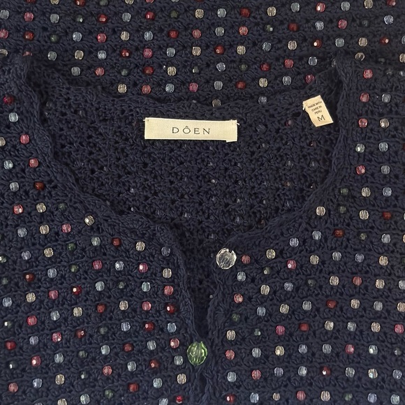 NWOT DÔEN Knit Cotton Navy Hand-Beaded Monterey Cardigan - Picture 7 of 8
